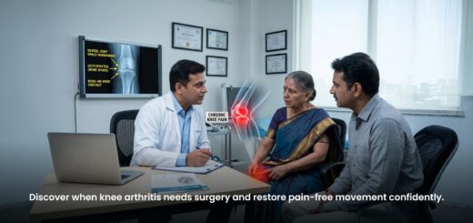 Orthopedic specialist evaluating severe knee arthritis with joint damage and chronic pain symptoms