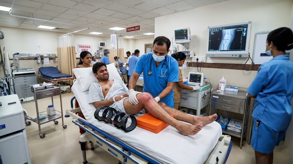 Emergency orthopedic care for knee trauma with swelling, pain, and injury assessment.