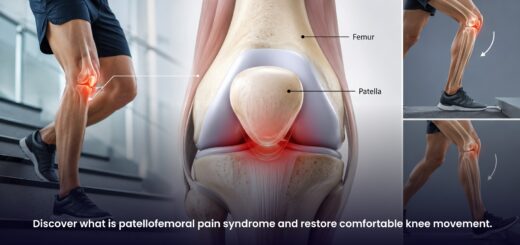 Medical illustration showing patellofemoral pain syndrome with pain around kneecap area.