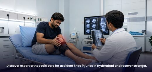Patient receiving orthopedic care for accident knee injuries in Hyderabad after trauma.