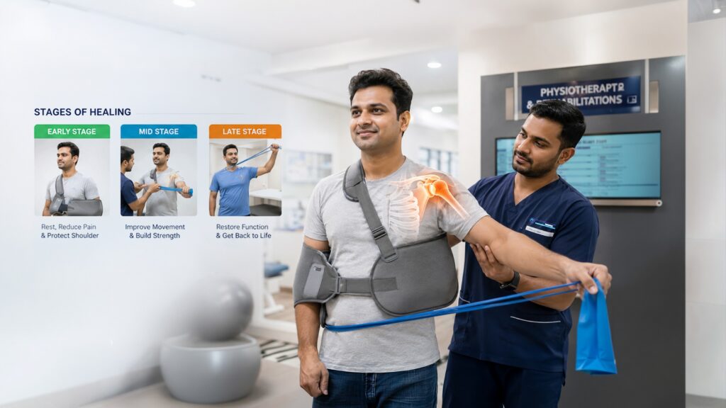 Patient wearing shoulder sling during dislocated shoulder healing time and recovery process.