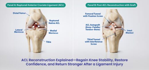 ACL reconstruction showing knee ligament repair and restored joint stability visualization