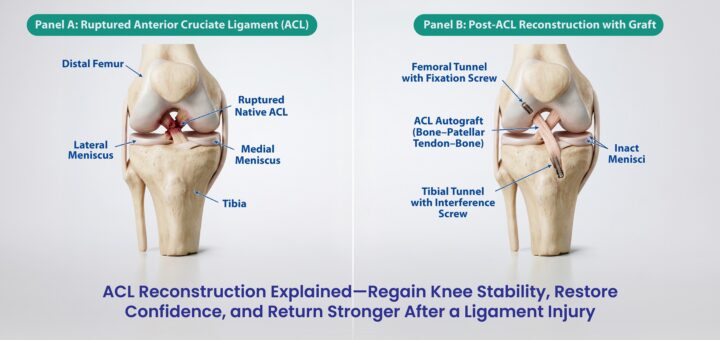 ACL reconstruction showing knee ligament repair and restored joint stability visualization