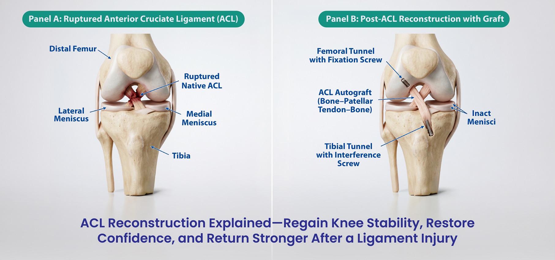 ACL reconstruction showing knee ligament repair and restored joint stability visualization