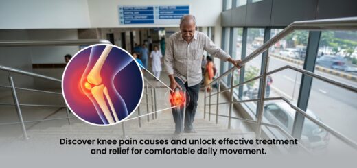 Adult experiencing knee pain with highlighted joint inflammation and difficulty walking or climbing stairs.