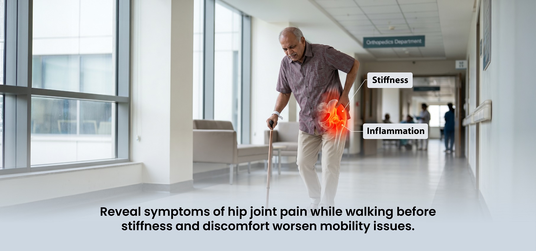 Adult showing symptoms of hip joint pain while walking with stiffness and movement difficulty.