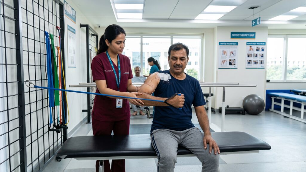 Patient recovering after Bankart repair performing guided shoulder physiotherapy exercises with controlled movement