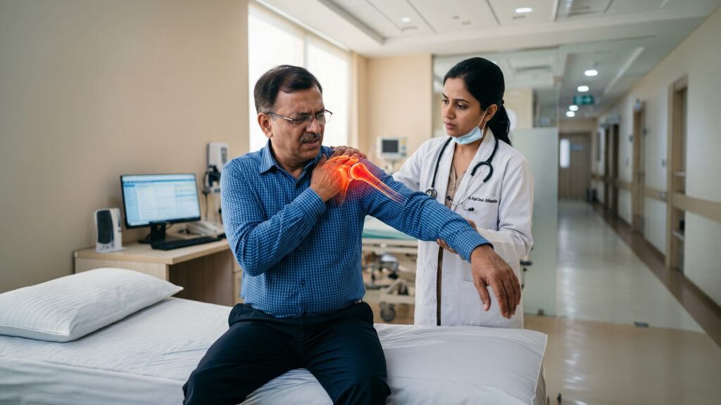 Person experiencing shoulder instability with pain during movement before Bankart repair treatment