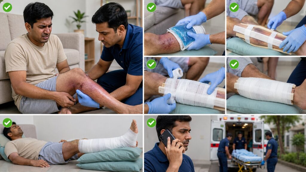 Emergency first aid for fractures showing splint application and injury stabilization techniques safely.