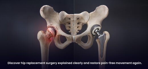 Medical illustration of hip replacement surgery showing damaged joint and implant.