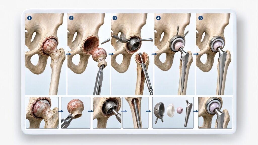 Step-by-step procedure for hip replacement showing joint removal and implant placement Step-by-step procedure for hip replacement showing joint removal and implant placement