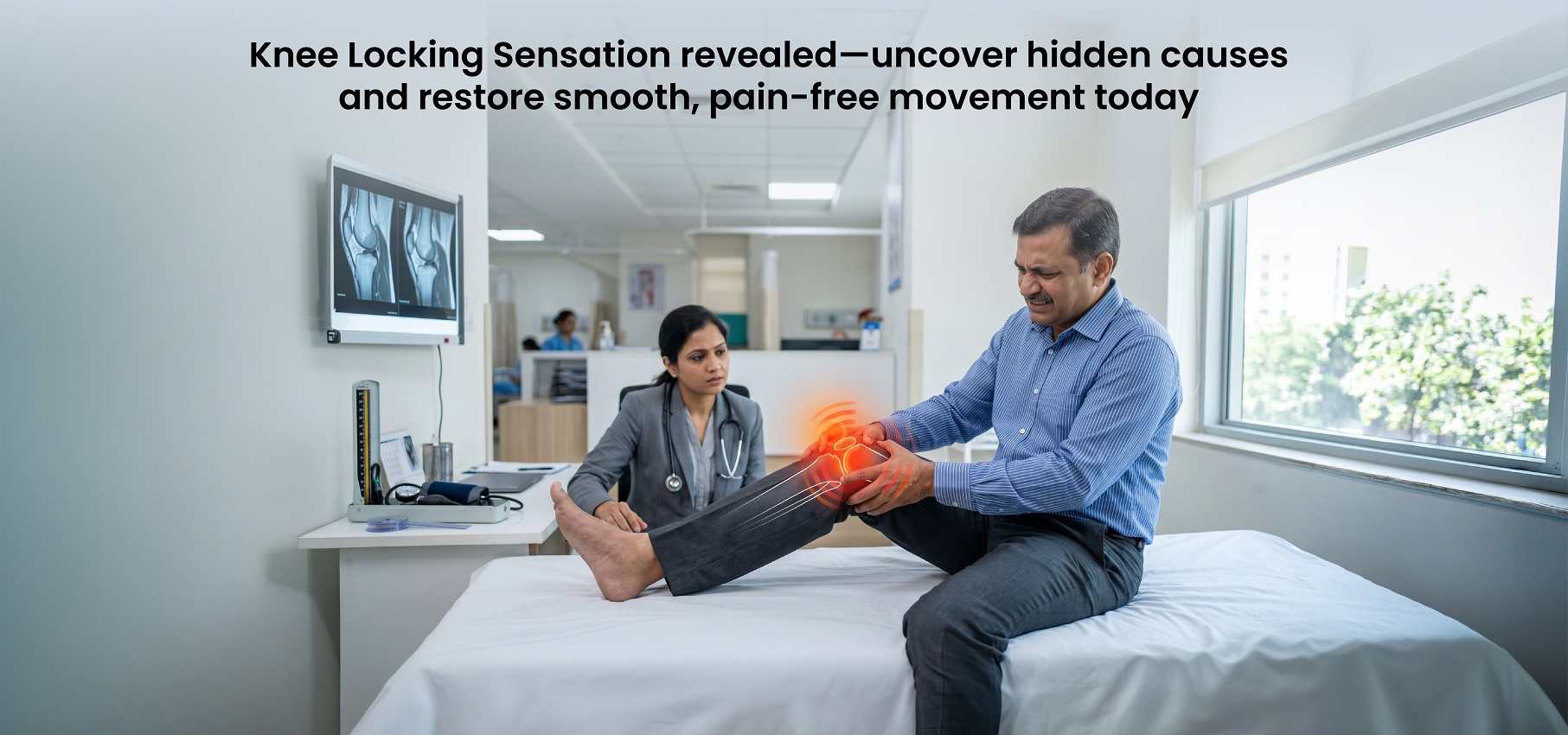 Knee locking sensation causing joint stiffness and restricted movement illustration