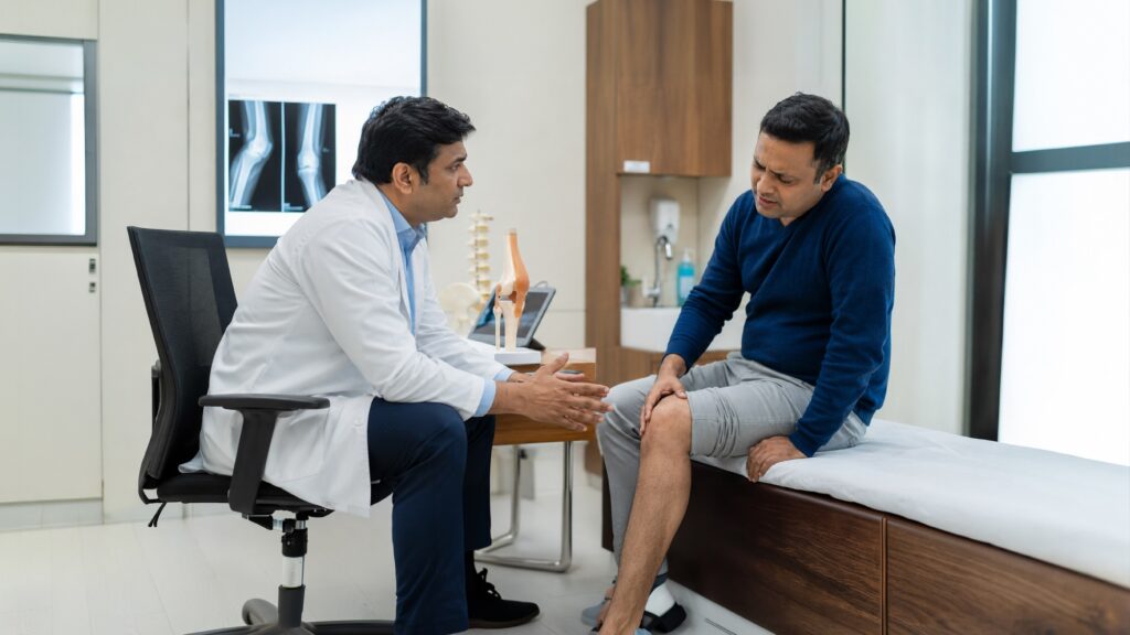 Person with knee or shoulder pain showing stiffness and difficulty moving needing orthopaedic doctor consultation