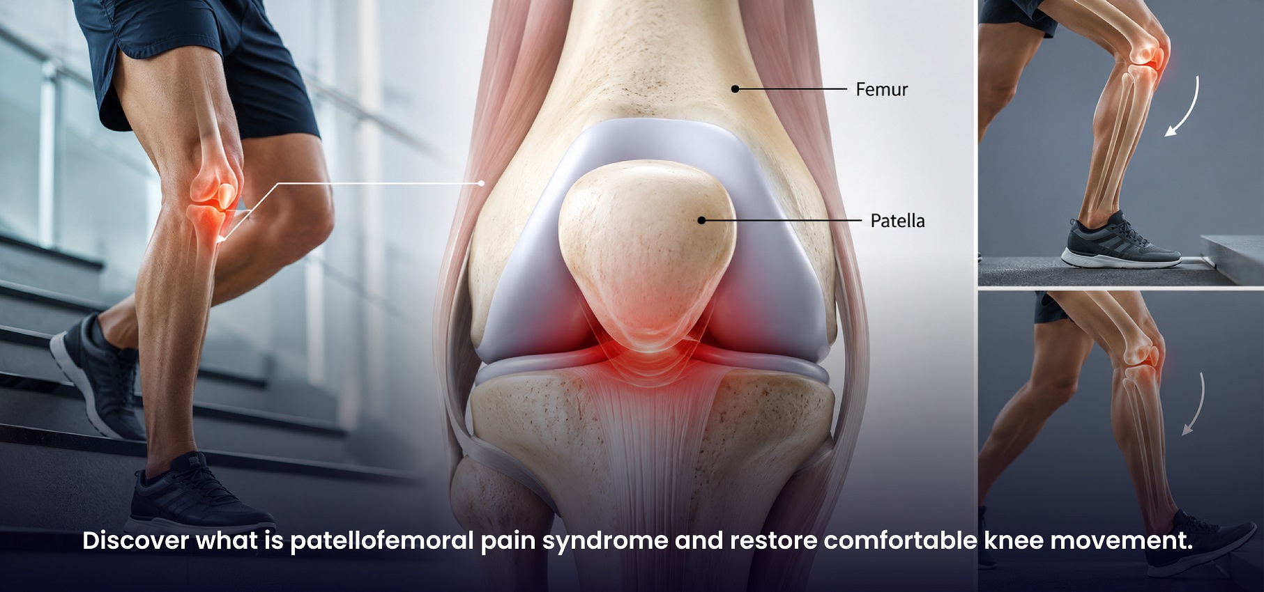 Medical illustration showing patellofemoral pain syndrome with pain around kneecap area.