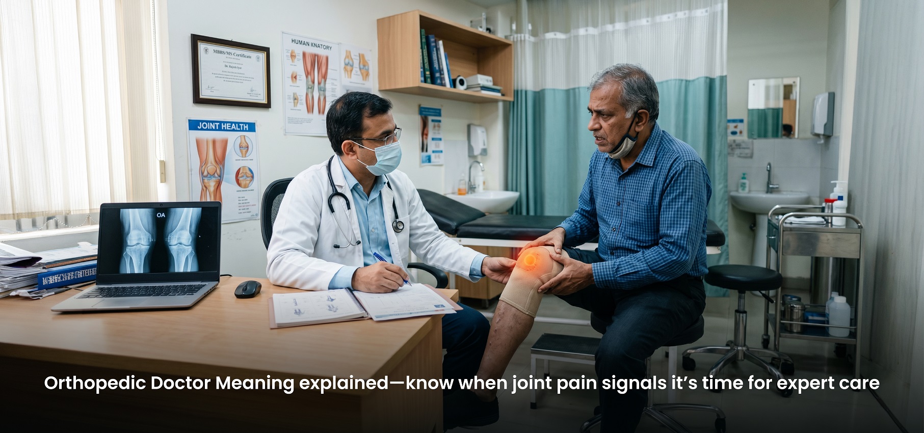 Patient consulting orthopedic doctor for joint pain diagnosis with focus on knee and mobility issues