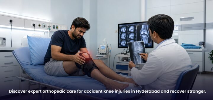 Patient receiving orthopedic care for accident knee injuries in Hyderabad after trauma.