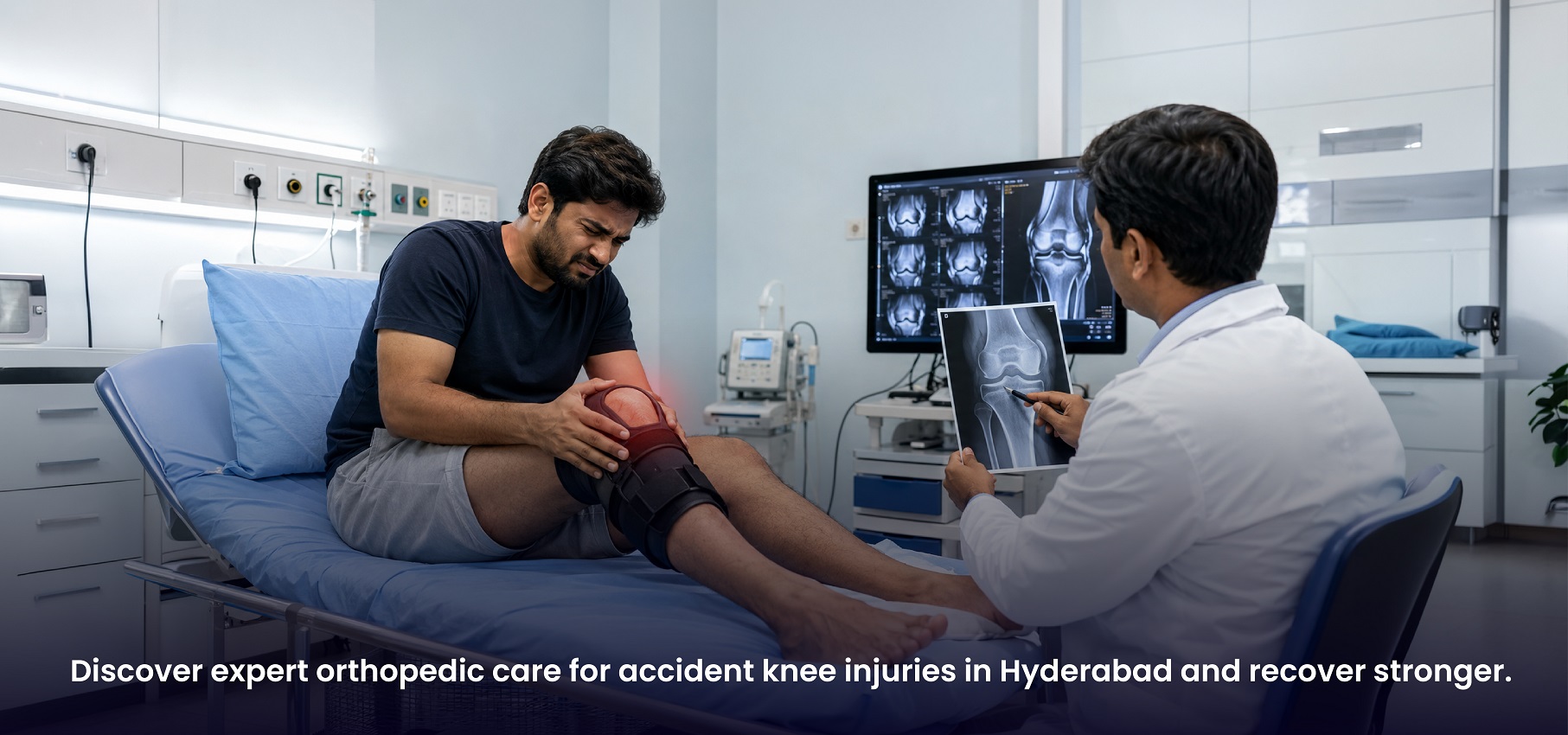 Patient receiving orthopedic care for accident knee injuries in Hyderabad after trauma.