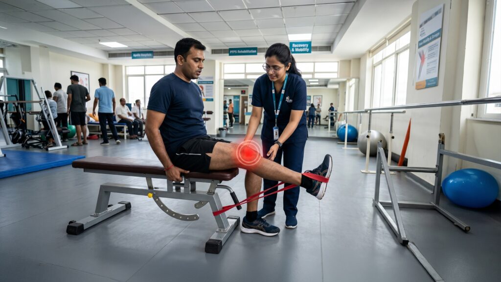 Patient performing strengthening exercises for patellofemoral pain syndrome treatment and recovery.