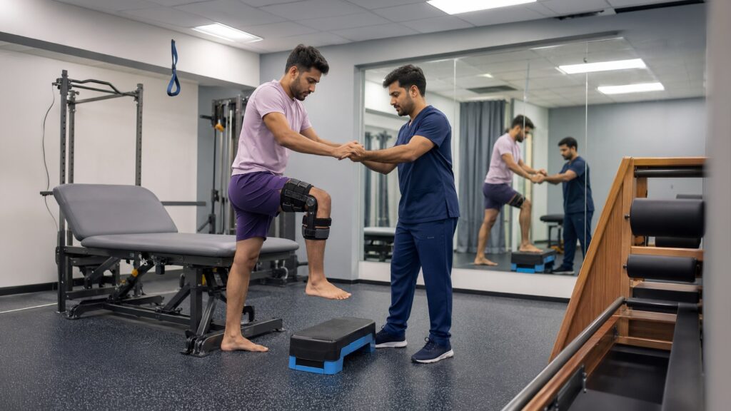 Patient recovering after ACL reconstruction performing knee exercises with support and controlled movement