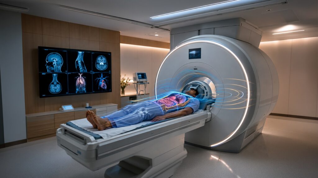 Patient undergoing MRI scan with magnetic imaging technology capturing detailed internal body structures.