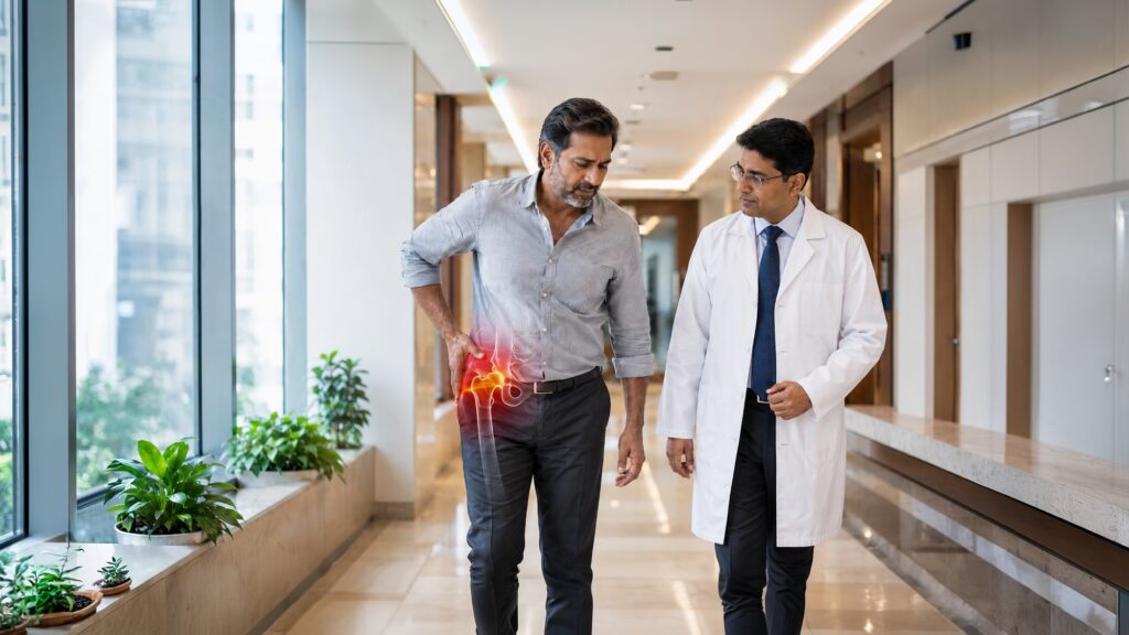 Person experiencing hip pain while walking with highlighted joint inflammation and mobility discomfort.