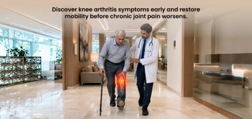 Person experiencing knee arthritis symptoms with highlighted swollen knee joint and walking discomfort.