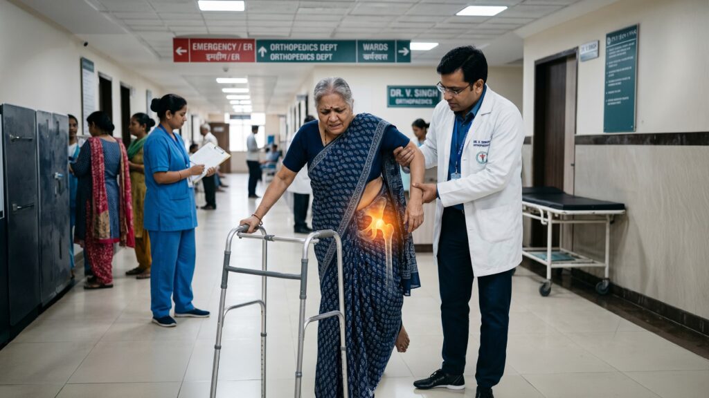 Person experiencing worsening hip fracture symptoms with severe pain and inability to walk