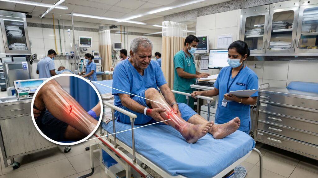 Person showing signs and symptoms of a bone fracture with swelling and severe limb pain.