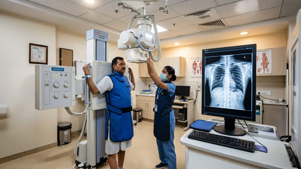 Doctor explaining MRI and X-Ray safety risks and precautions to a patient before scanning.