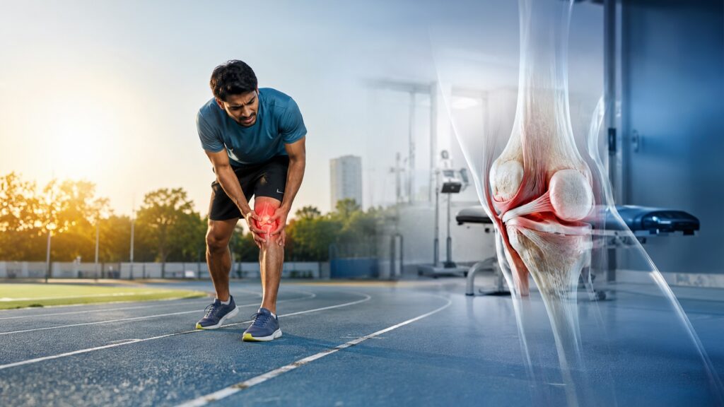 Athlete with knee injury receiving treatment for ligament damage, knee pain, sports injury recovery, and rehabilitation.