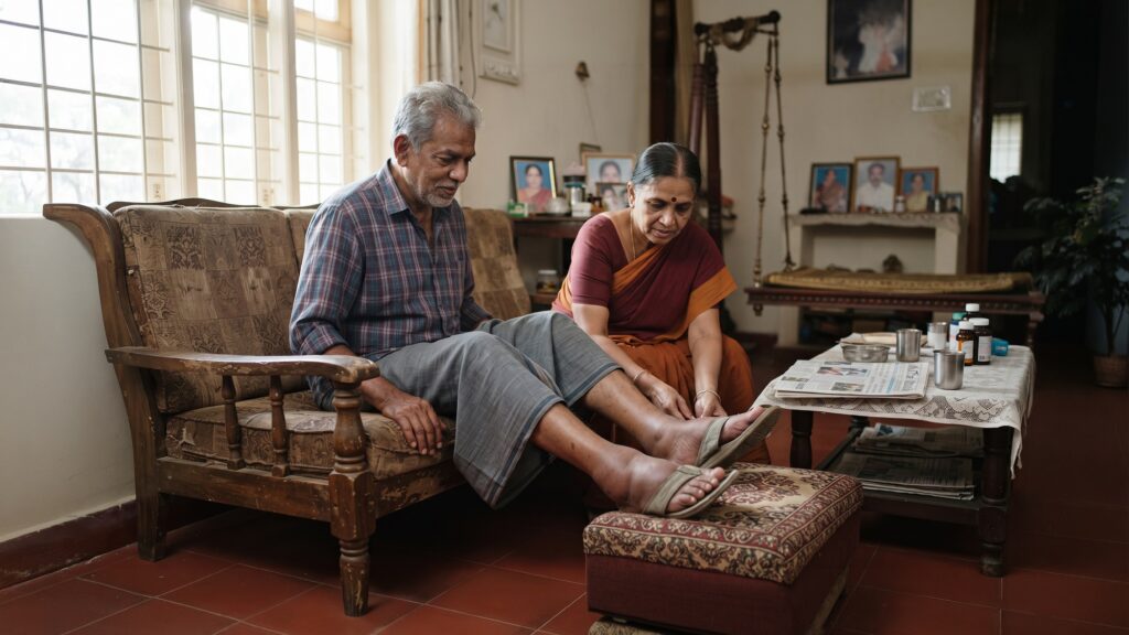 Elderly patient with swollen legs and feet undergoing medical examination for oedema diagnosis and treatment
