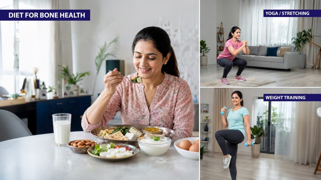 Healthy lifestyle for stronger bones with calcium-rich diet, yoga, stretching, weight training, and bone health exercises