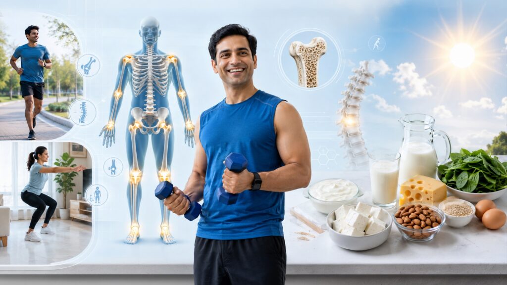 Healthy lifestyle for stronger bones with weight training, calcium-rich foods, vitamin D, bone health nutrition, and exercise
