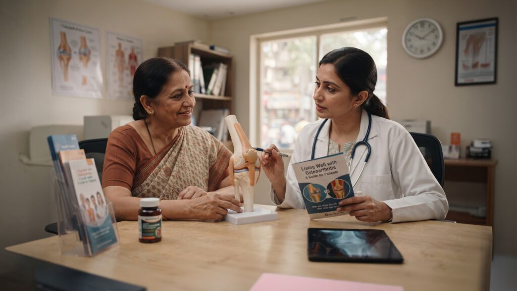 Orthopaedic doctor explaining osteoarthritis treatment options to a patient using a knee joint model during consultation
