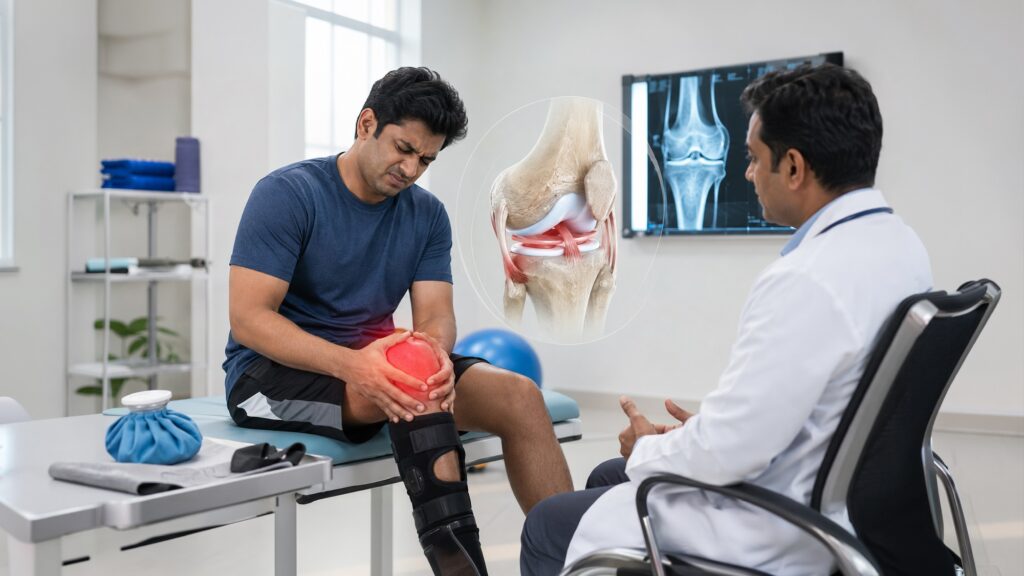 Patient with knee injury consulting an orthopaedic surgeon for knee pain diagnosis, ligament injury evaluation, and treatment