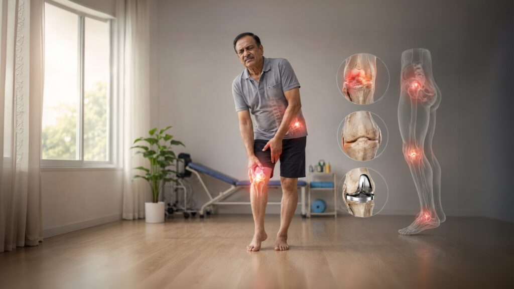 Person with knee osteoarthritis experiencing joint pain, stiffness, and reduced mobility with knee joint illustration